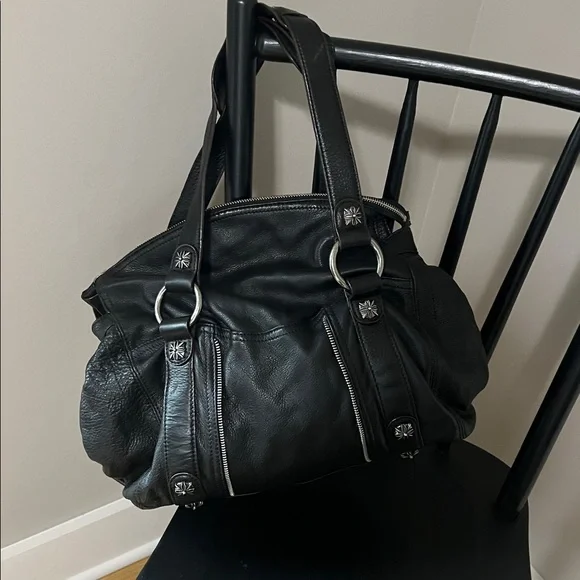 B. Makowsky Black Pebbled Leather Large Slouchy Moto Hobo Bag - Picture 3 of 11